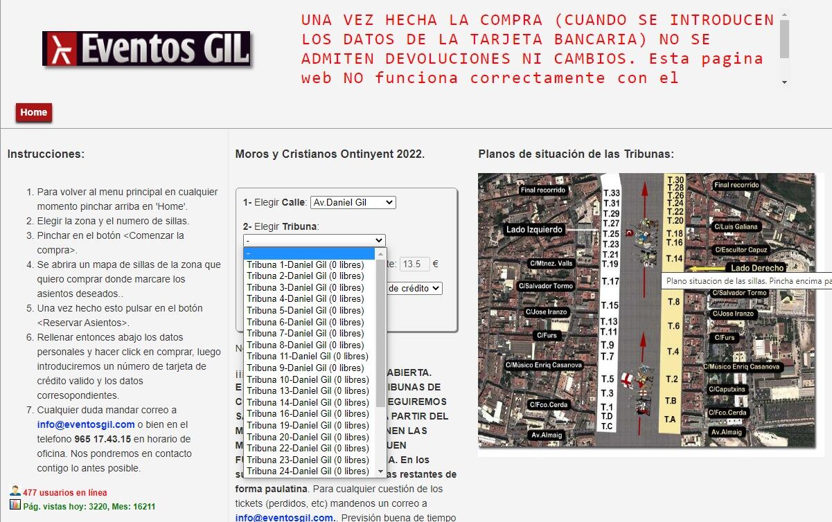 La pàgina web de Sillas Gil, ja sense seients en tribunes a les 12:02