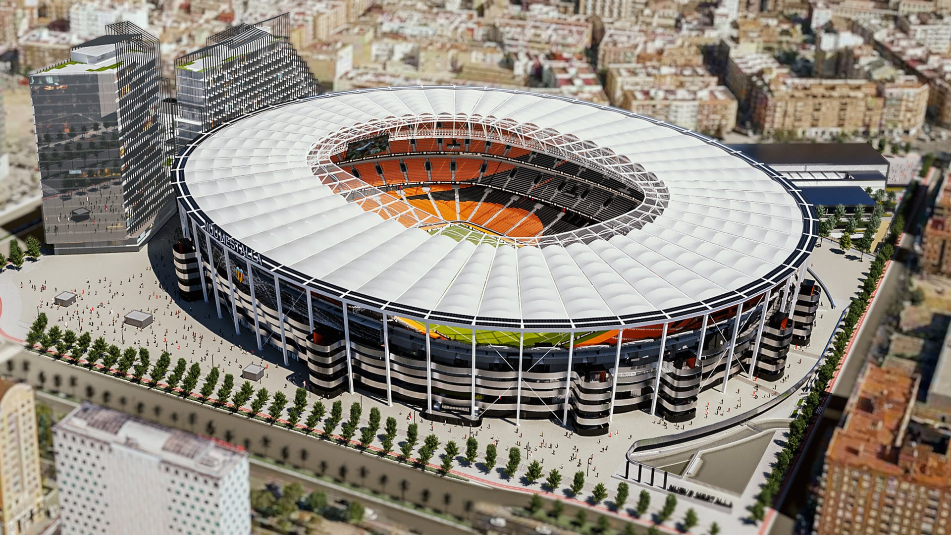 Imagen aérea de la recreación del nuevo Mestalla que el Valencia CF ha difundido el día en el que se han reanudado las obras del estadio