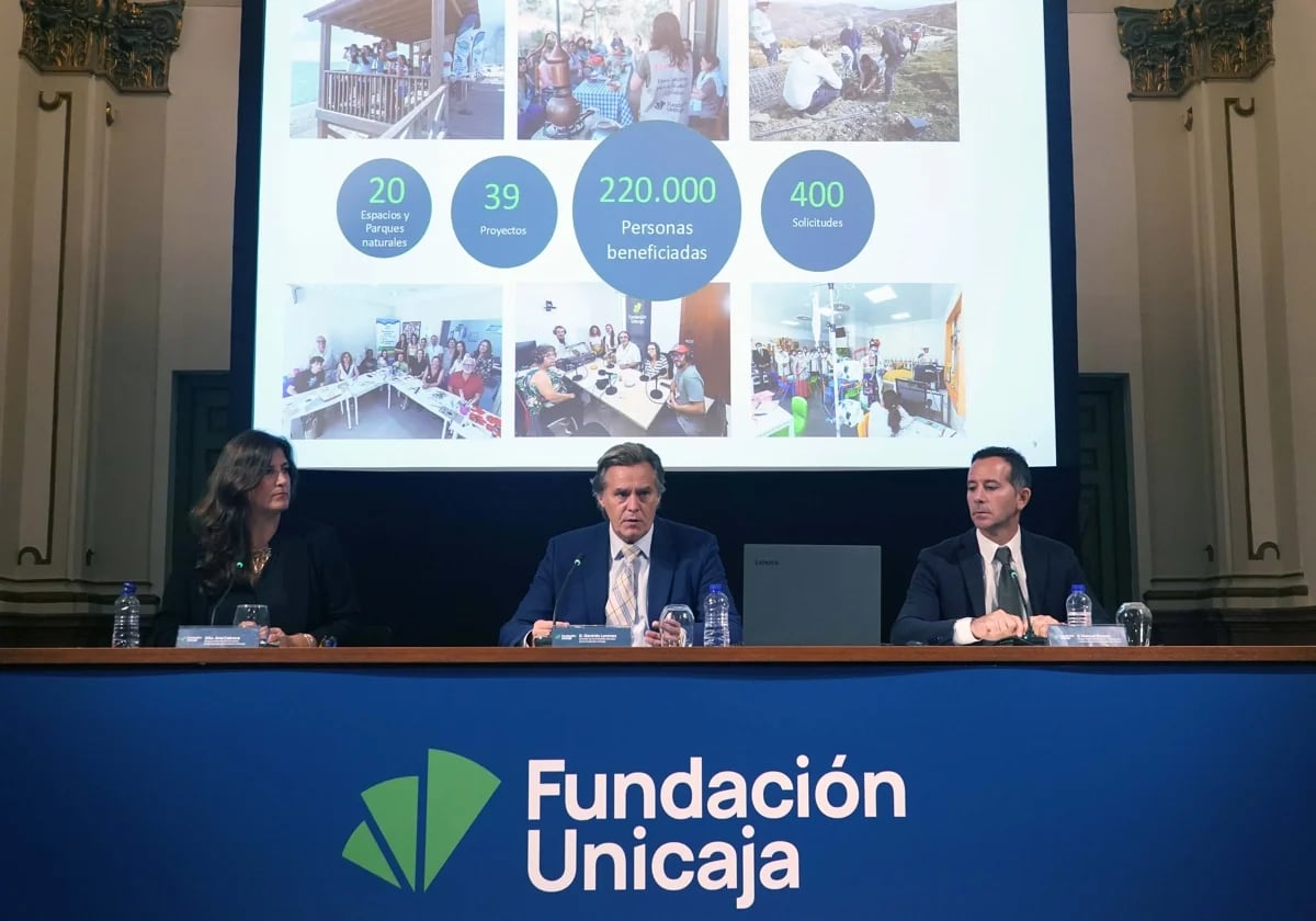 La responsable de Solidaridad e Investigación, Ana Cabrera; el director de Actividades Sociales de la Fundación Unicaja, Gerardo Lerones, y el responsable de Deportes, Tiempo Libre, Medio Ambiente y Voluntariado, Manuel Dorado