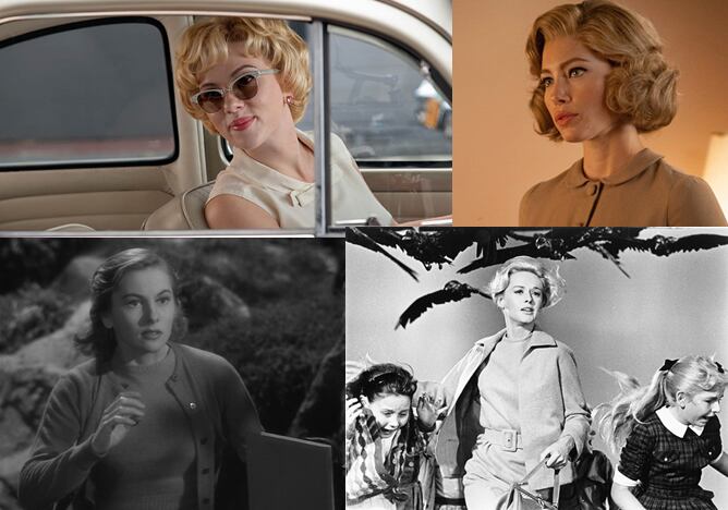 De arriba a abajo: Scarlett Johanson y Jessica Biel en &#039;Hitchcock&#039;, Jean Fontaine en &#039;Rebeca&#039; y Tippi Hedren en &#039;Los pájaros&#039;