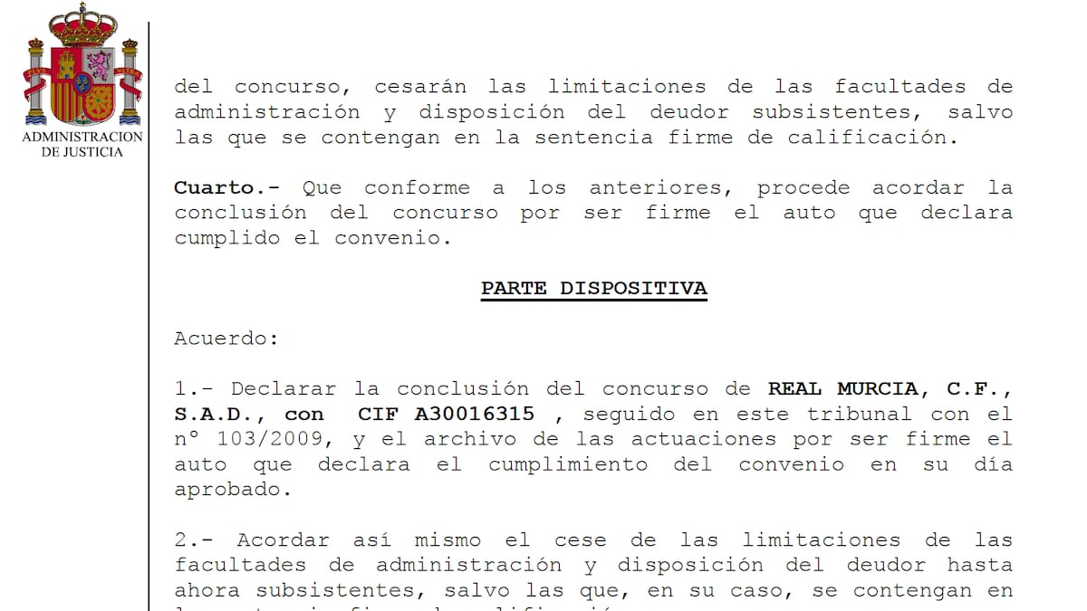 El Real Murcia dice adiós definitivamente al concurso de acreedores