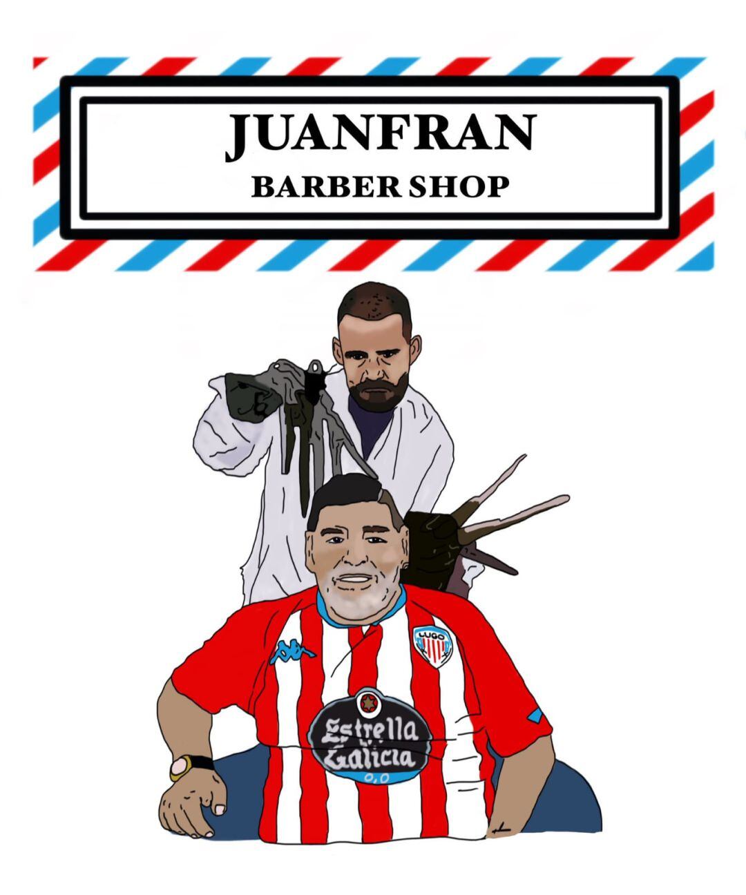 Ilustración de Pablo del Valle na que representa a Juanfran Garcia coma Eduardo manos tesoiras