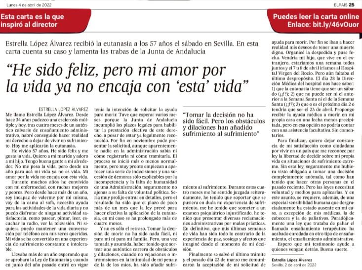 Carta de Estrella López que motivó al director a realizar el cortometraje