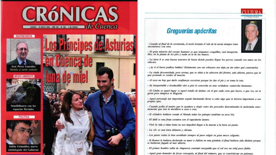 Portada de Crónicas de Cuenca y página con las greguerías de Carlos Flores.