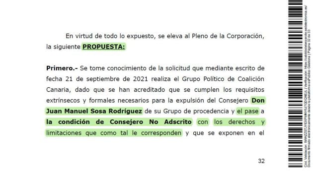 Estracto del informe de Secretaría en el que propone el pase de Juan Manuel Sosa a la condición de no adscrito.