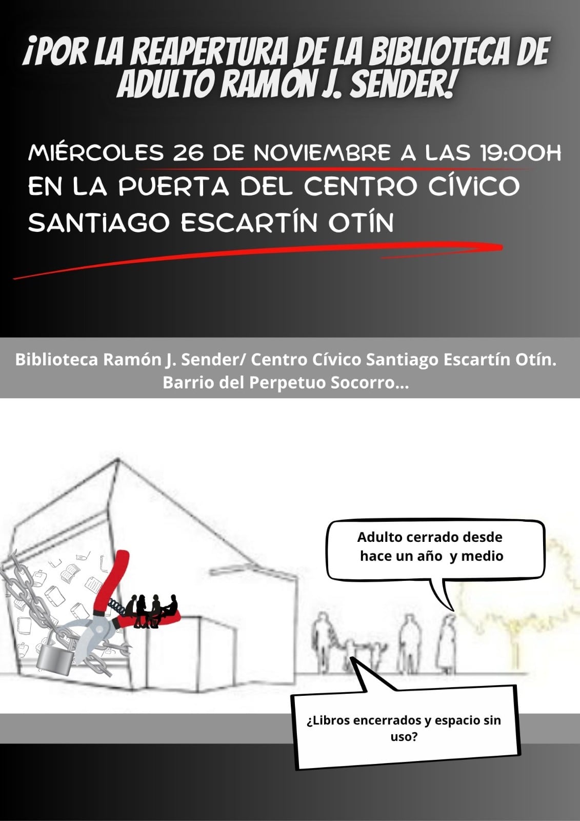 Convocatoria de una nueva concentración por la reapertura de la biblioteca Ramón J. Sender