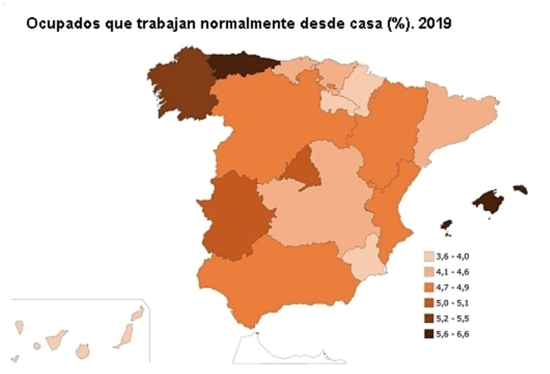 Porcentaje de trabajadores desde casa por comunidades en 2019