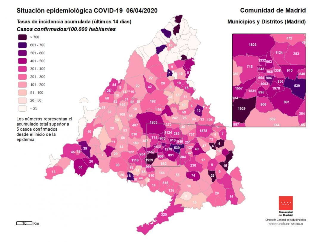 Mapa de los casos de contagio por coronavirus por municipio en la Comunidad de Madrid.