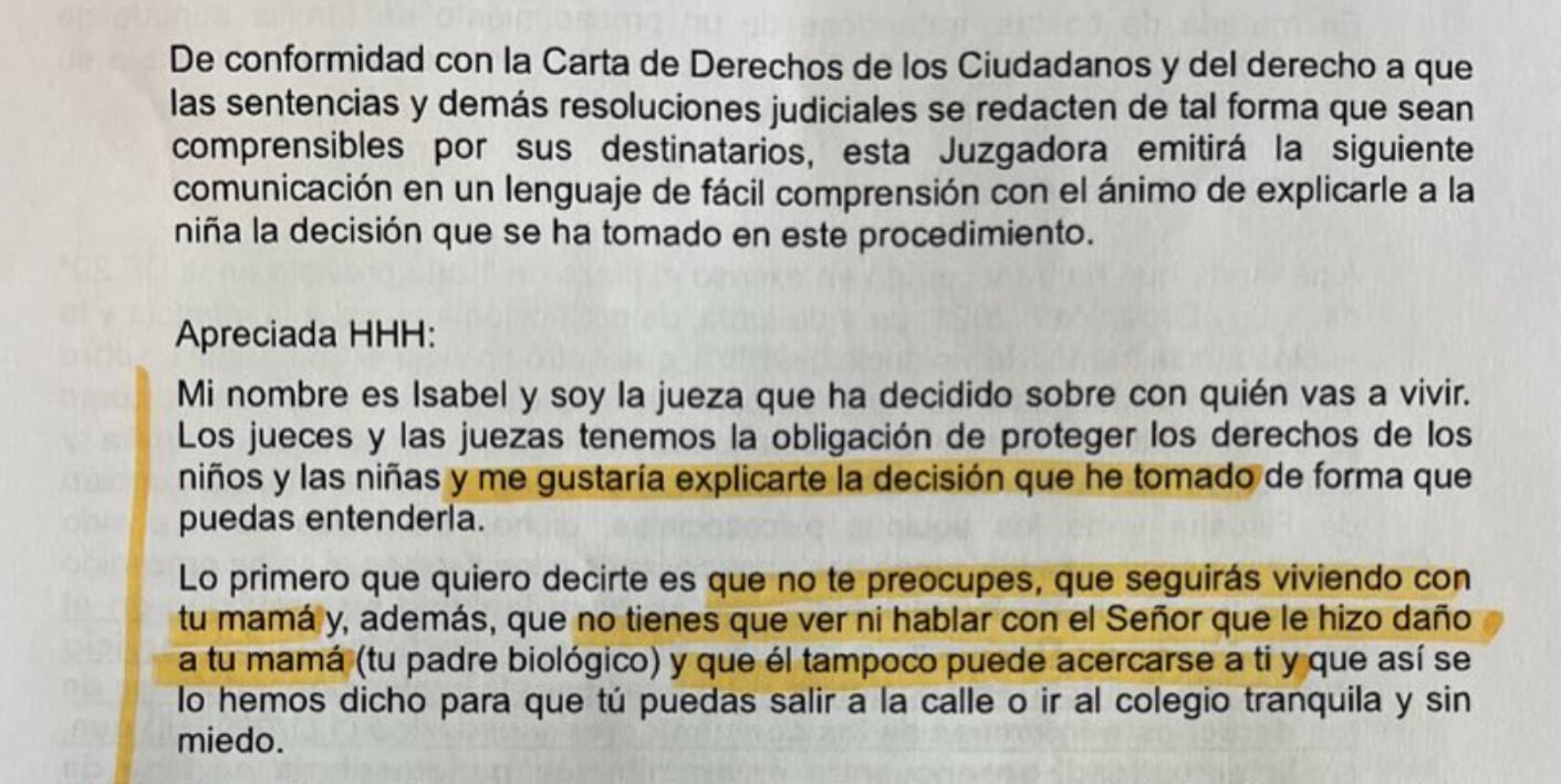 Así ha sido la carta de la jueza a la niña.