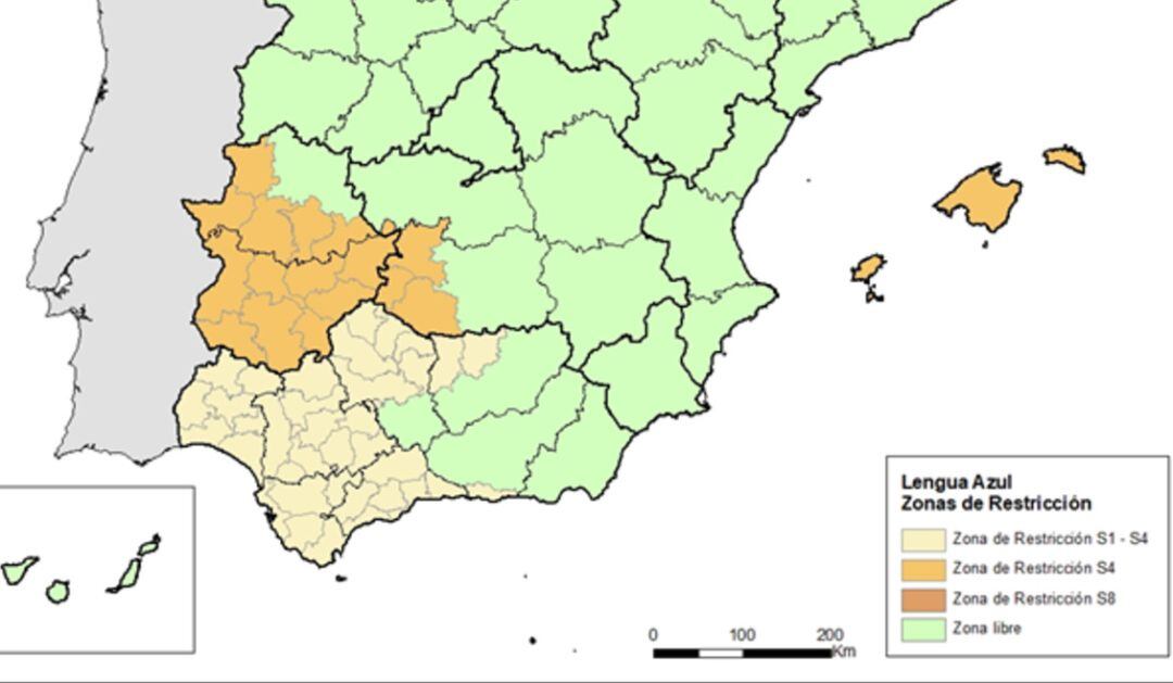 Mapa con las zonas de restricción de Lengua Azul en España.