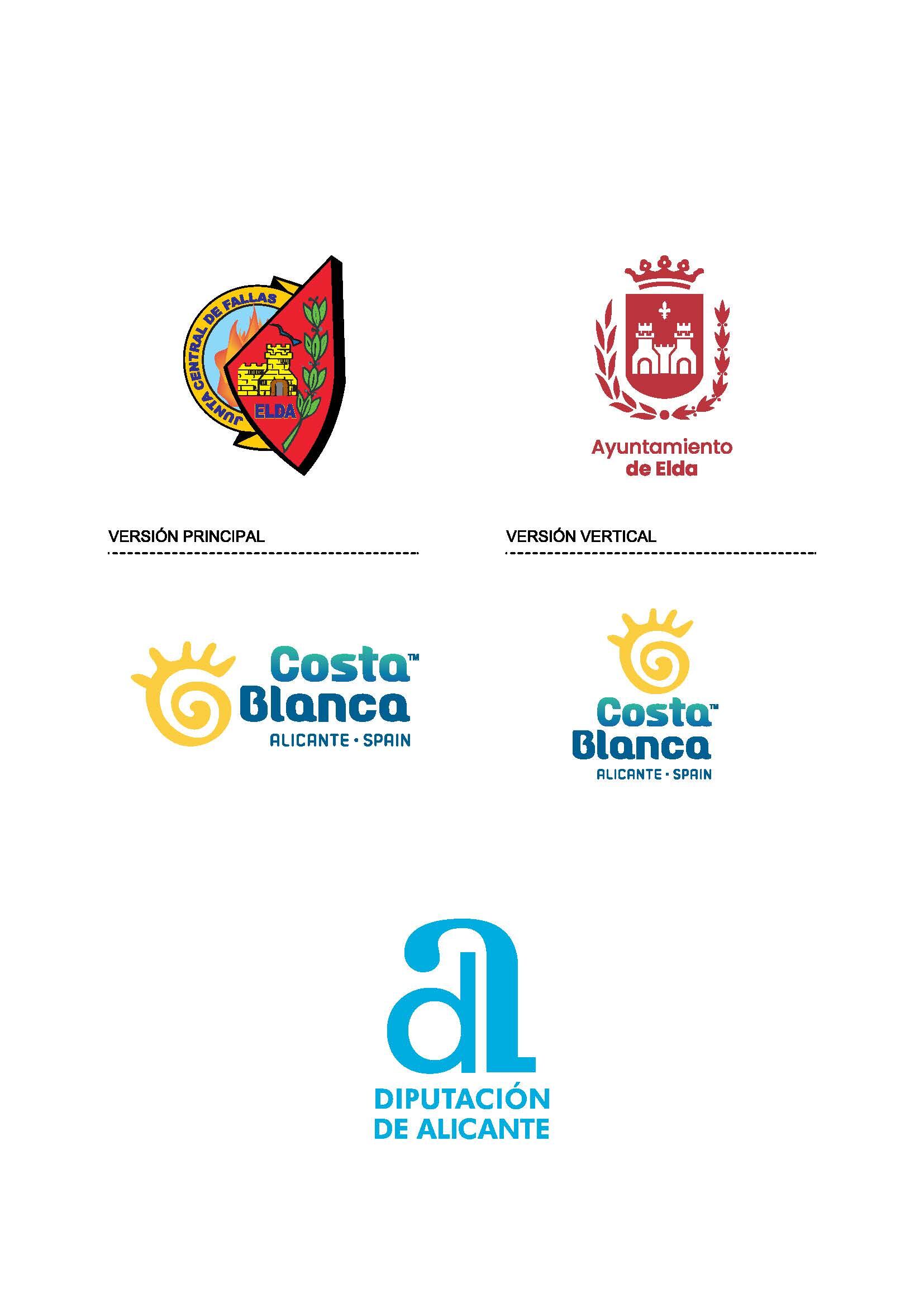 De obligatoria aparición, los logos de Junta Central de Fallas, Ayuntamiento de Elda y Diputación de Alicante y Costablanca