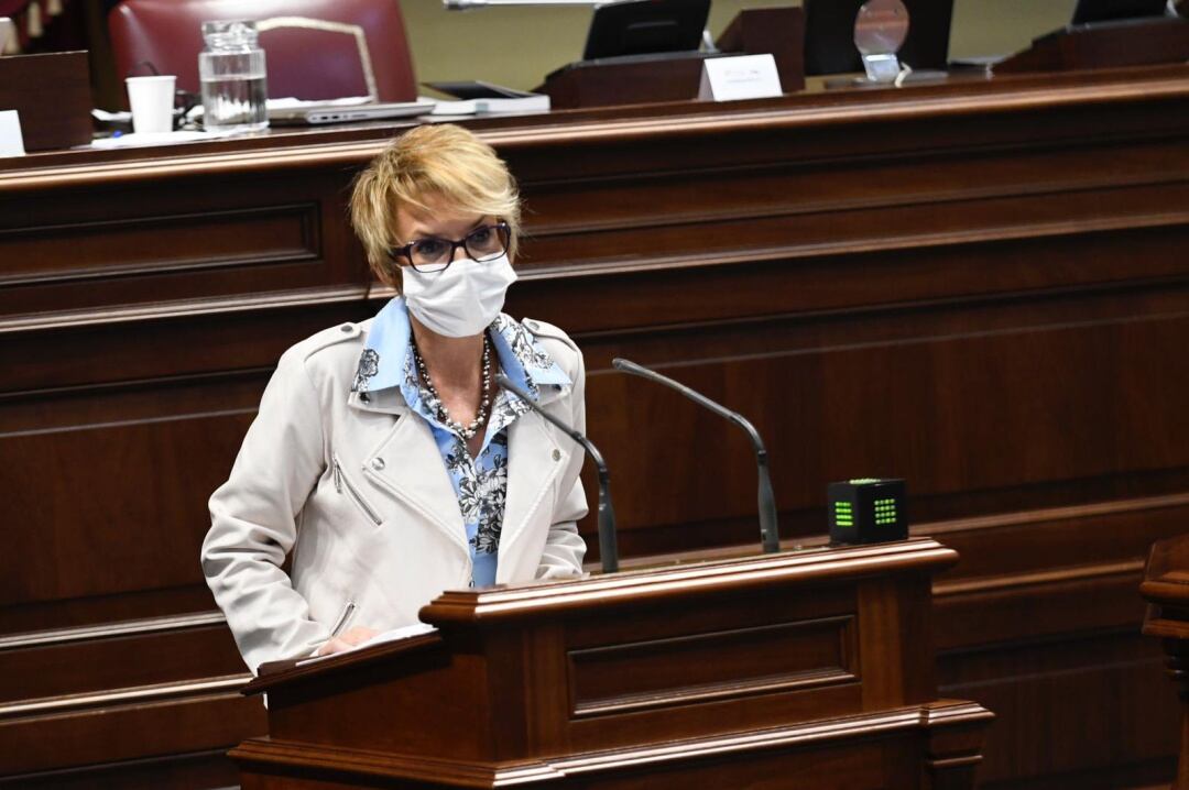 Elena Máñez, consejera de Economía, durante su intervención para la defensa del Decreto Ley de ayudas directas para autónomos y pymes diseñado por el Gobierno de Canarias