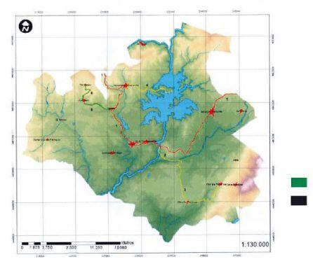 Mapa señalizando algunas de las rutas por la comarca de Cáparra