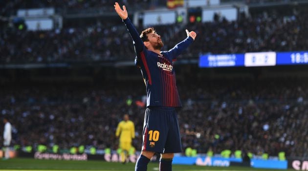 Leo Messi celebra su gol en el Bernabéu