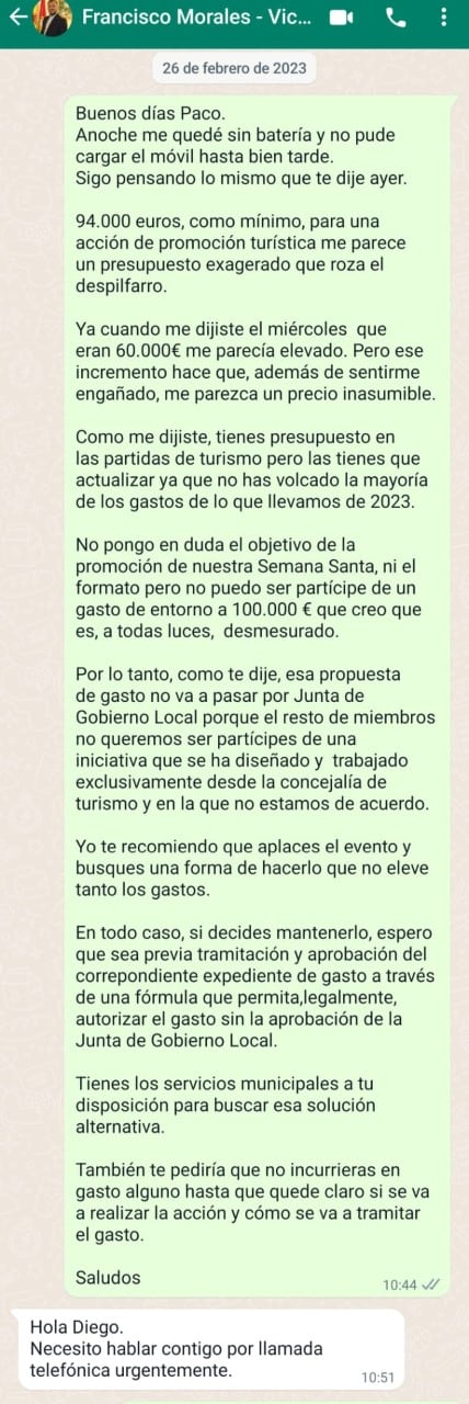 Este es el whatsapp que envió el alcalde de Lorca a Francisco Morales