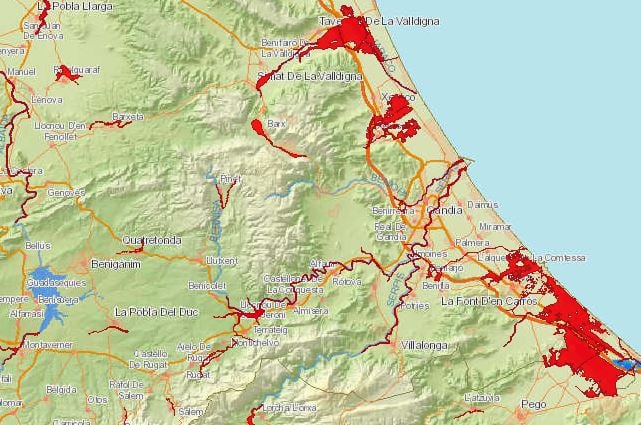 Zonas de La Safor con un riesgo de inundabilidad de cada 10 años.