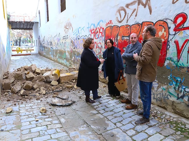 Parte de los cascotes tras el derrumbe de parte de una antigua bodega en la calle Pajarete