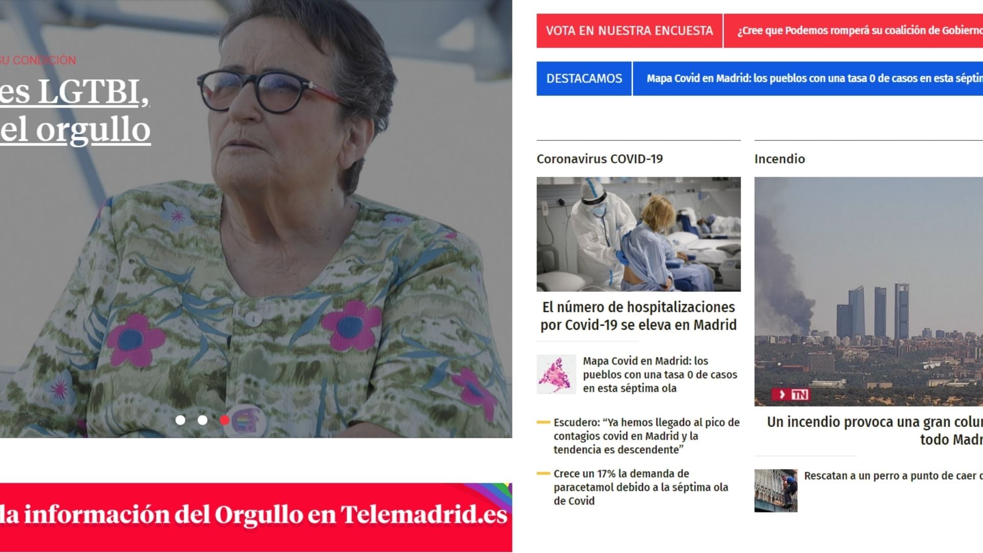 Comparación entre las portadas web de Telemadrid en 2019 y en 2022