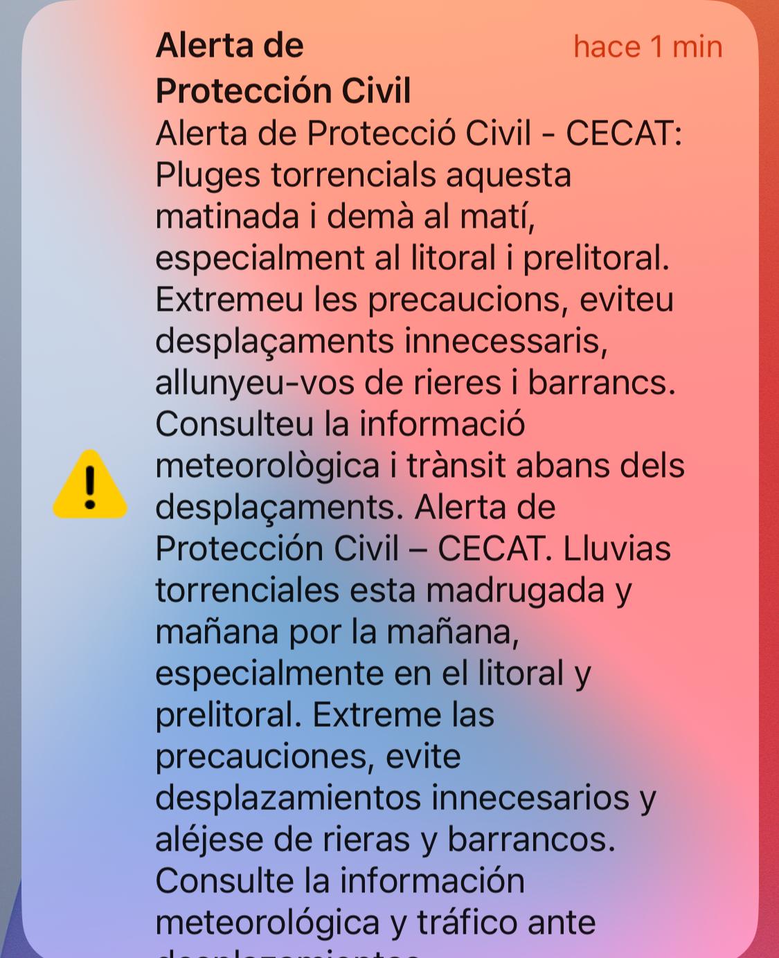 El ES-Alert enviado a la población de Cataluña este miércoles por las fuertes lluvias