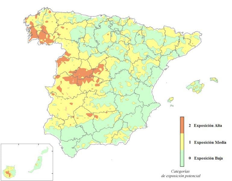 Mapa de la presencia de gas radón en España