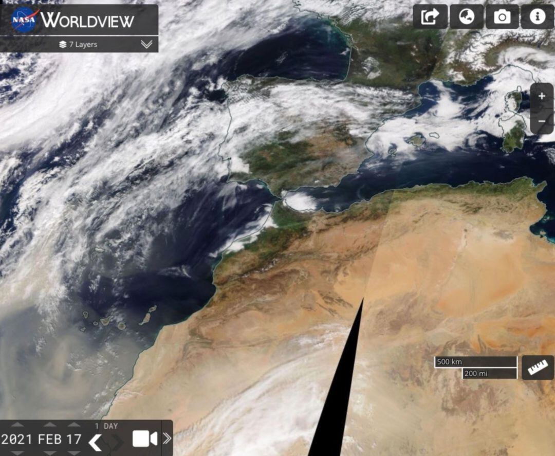 Imagen del polvo subsahariano que entra en la Península Ibérica procedente de Canarias