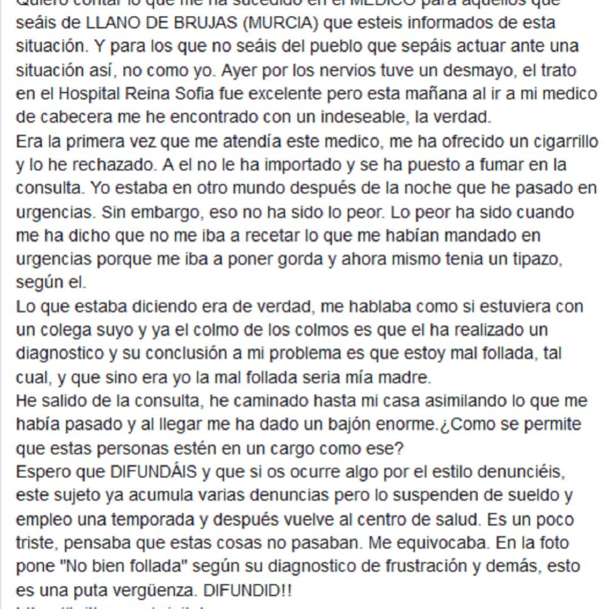 Suspenden once meses al médico que llamó "mal follada" a una paciente en Murcia