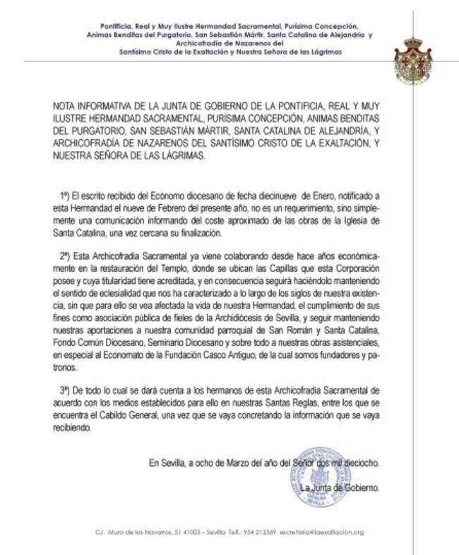 Nota informativa remitida por la junta de gobierno de La Exaltación