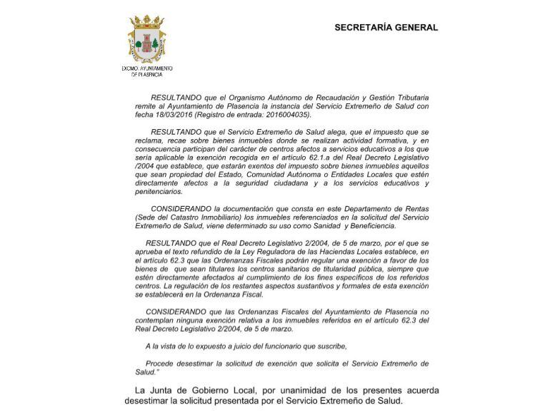 Detalle de la Junta de Gobierno donde la ciudad de Plasencia rechaza la exención de IBI de inmuebles del SES