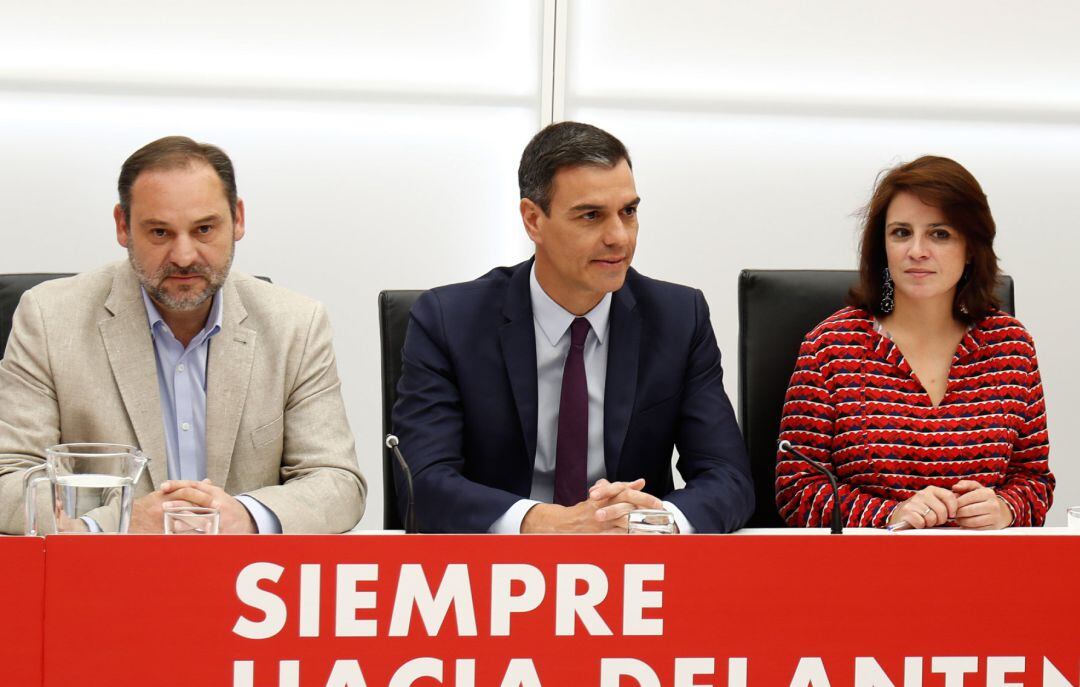 José Luis Ábalos, Pedro Sánchez y Adriana Lastra, durante una reunión de la Comisión Ejecutiva Federal en la sede de la formación, en la calle Ferraz de Madrid.