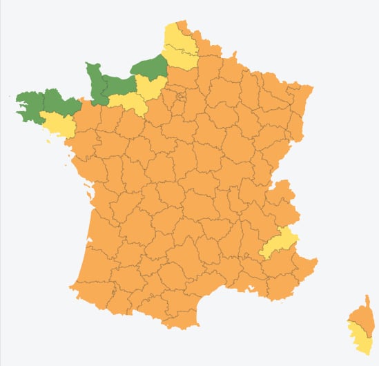 Mapa de alertas por calor este lunes en Francia