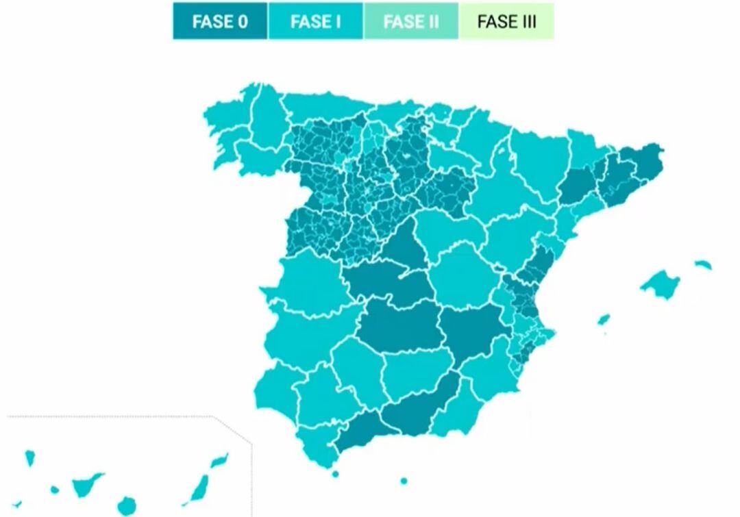 Mapa de los territorios y la fase en la que se encuentran dentro del Plan de transición hacia la nueva normalidad