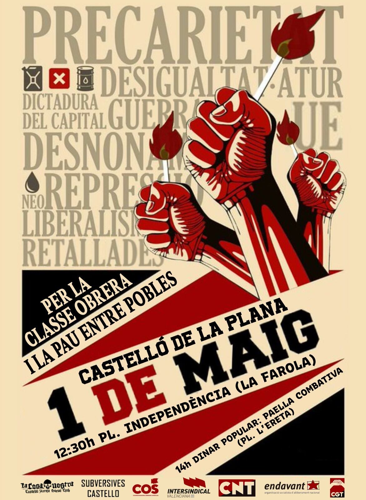 Cartel de la convocatoria de los sindicatos independientes para el 1 de mayo en Castellón