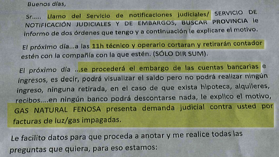 Part del guió que fan servir des de la companyia que es dedica a fer els cobraments d&#039;Endesa