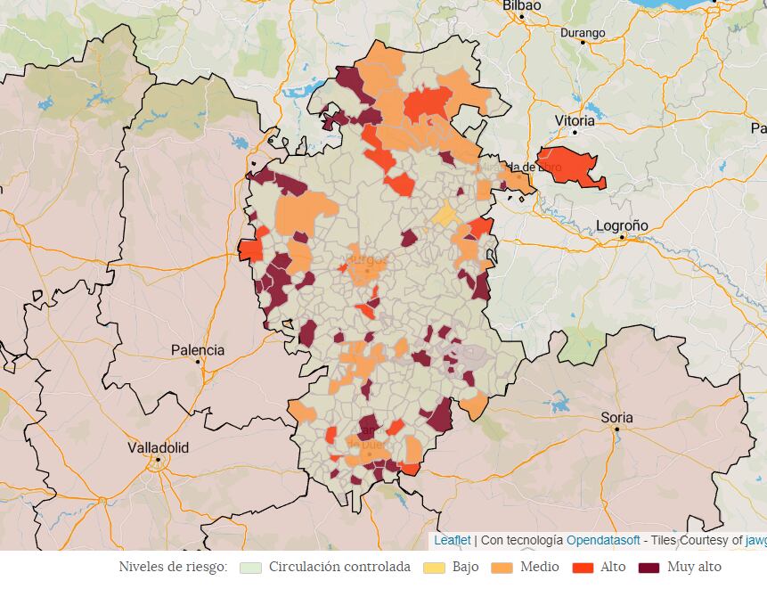 Mapa de la incidencia del coronavirus en la provincia de Burgos a 15 de julio de 2022