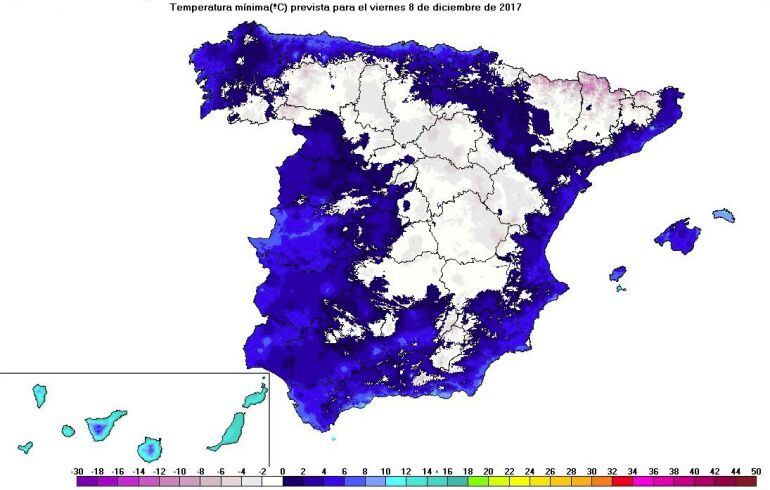 Mapa de temperaturas mínimas previsto para el viernes 8 de diciembre, día de la Constitución.