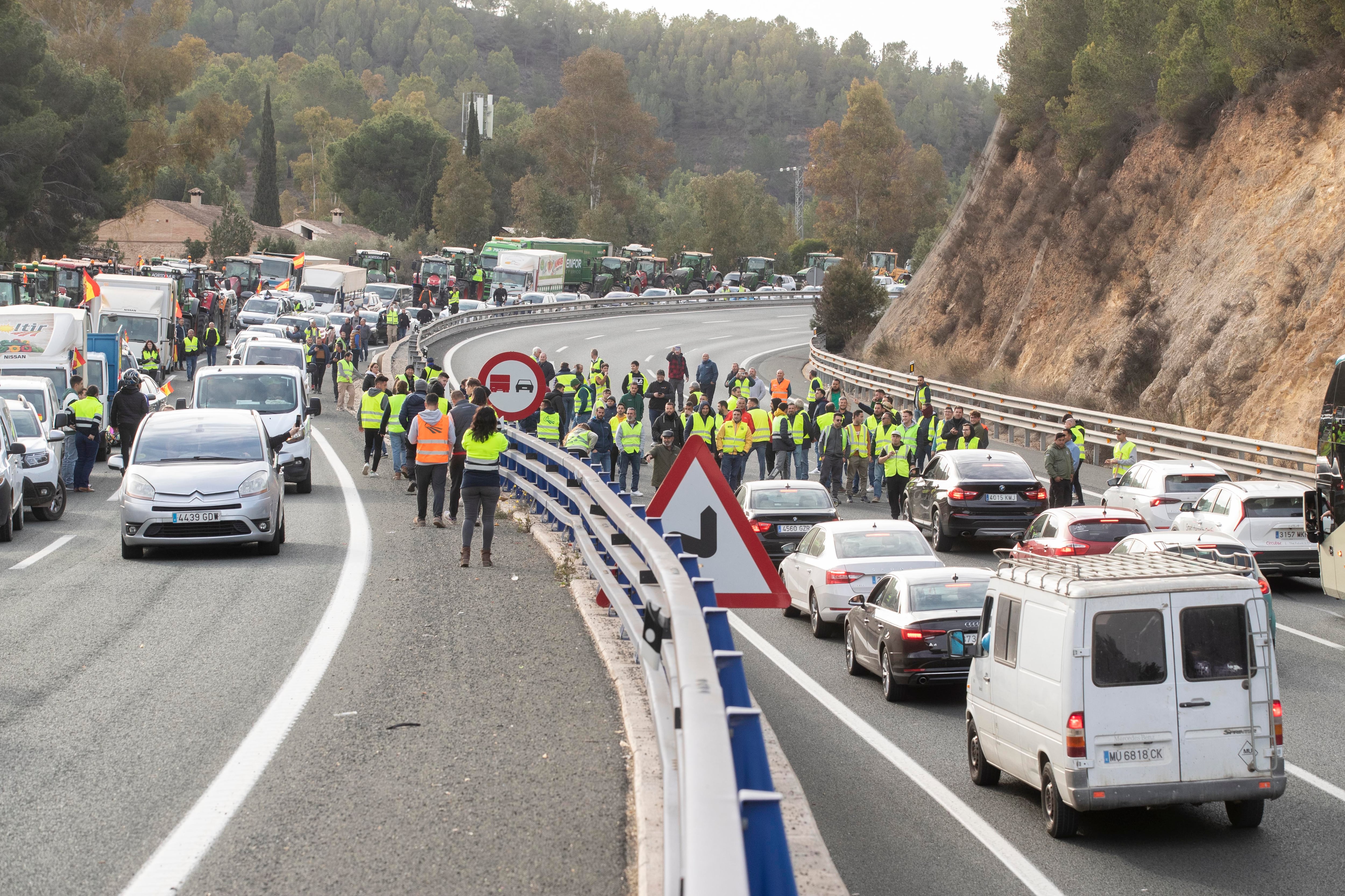 Decenas de agricultores han cortado la autovía A-30 a la altura del Puerto de la Cadena, que protestan por la difícil situación que atraviesa el campo. EFE/Marcial Guillén