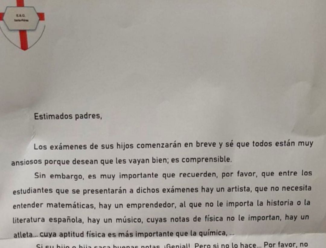 La carta de un director de instituto que se ha hecho viral por restar importancia a los exámenes.