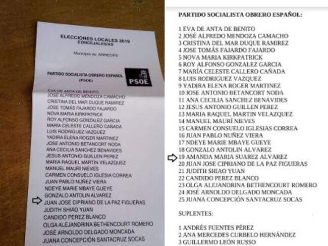 En algunas papletas del PSOE falta el nombre de la candidata Amanda María Suárez Álvarez.