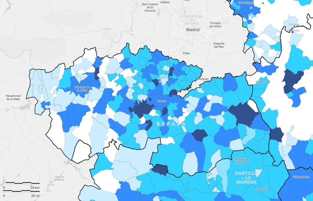 Mapa de casos por cada 100 mil habitantes en la provincia de Toledo