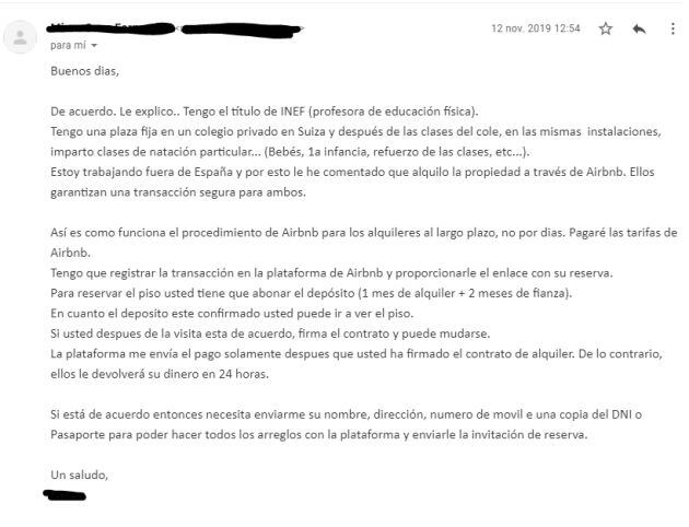 Correo de fraude en pisos de alquiler