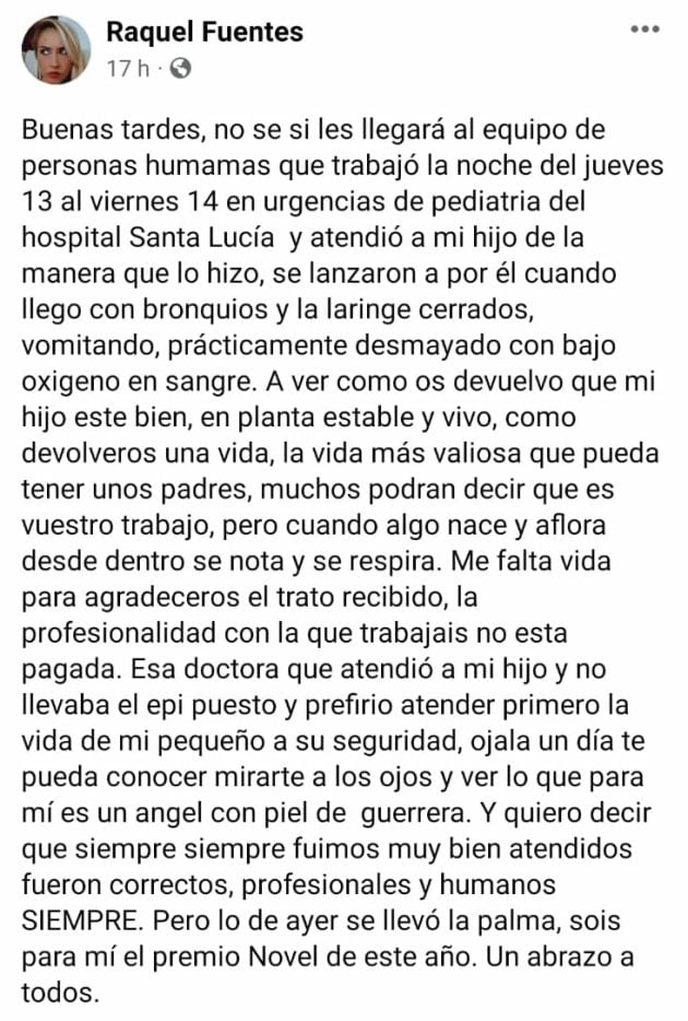 Mensaje de agradecimiento de la madre del pequeño Pablo