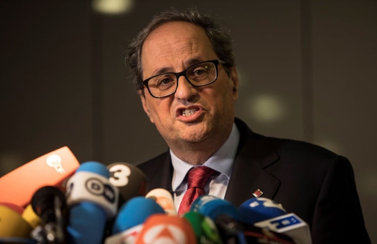 El recién elegido presidente de la Generalitat de Cataluña, Quim Torra hace una declaración a la prensa en Berlín