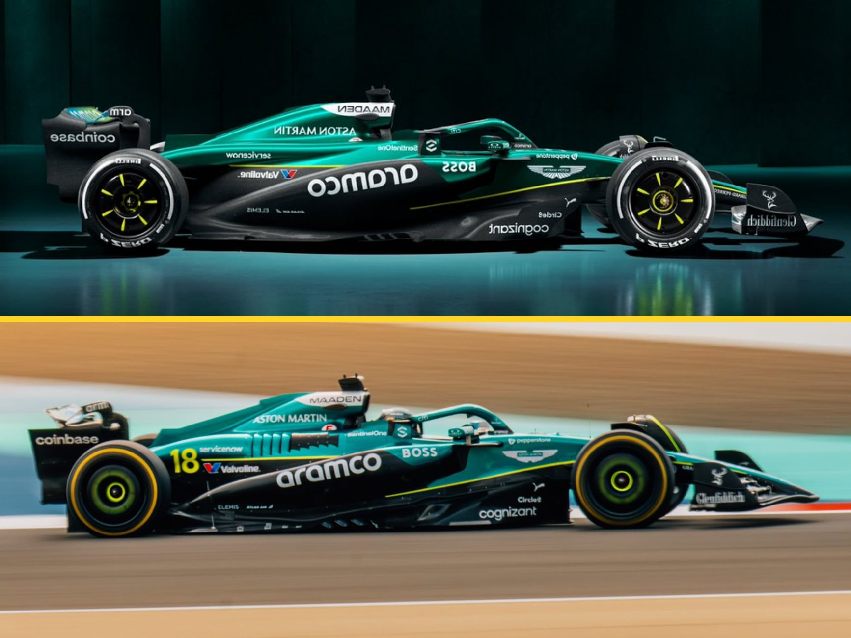 Comparativa entre el AMR25 presentado el 23/02 (arriba) y el real, en pista en Bahrein