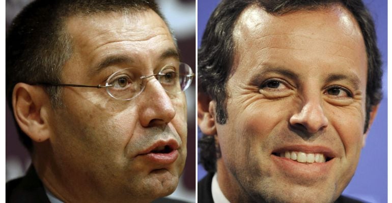 GRA321.- MADRID, 13/05/15.- Fotos de archivo del presidente del FC Barcelona, Josép María Bartomeu (d), y de su antecesor en el cargo, Sandro Rosell, a quienes, junto al club como persona jurídica, el juez José de la Mata ha acordado hoy llevar a juicio por tres delitos fiscales en el fichaje del delantero brasileño Neymar da Silva. EFE/Archivo