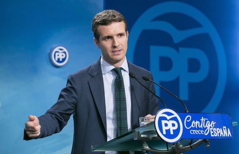 Rueda de prensa del vicesecretario de Comunición del PP, Pablo Casado