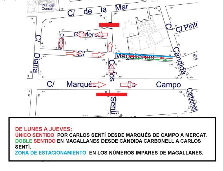 Plano de cómo queda la circulación en la zona de lunes a jueves.