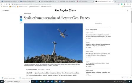 Los Angeles times con la noticia de la exhumación de Franco