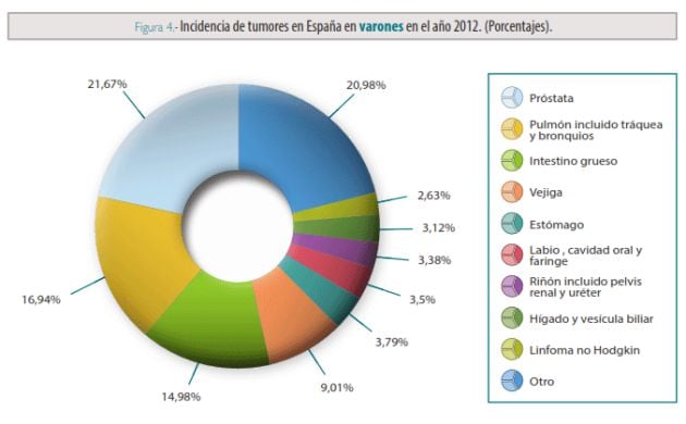 Incidencia de tumores en España en varones (2012)