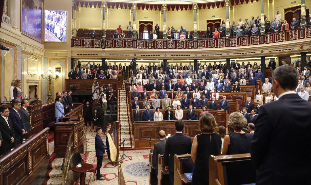 Vista general del hemiciclo durante el minuto de silencio en el homenaje celebrado hoy en el Congreso de los Diputados a las víctimas del terrorismo