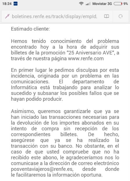 Ejemplo del correo que Renfe está enviando a los usuarios afectados.